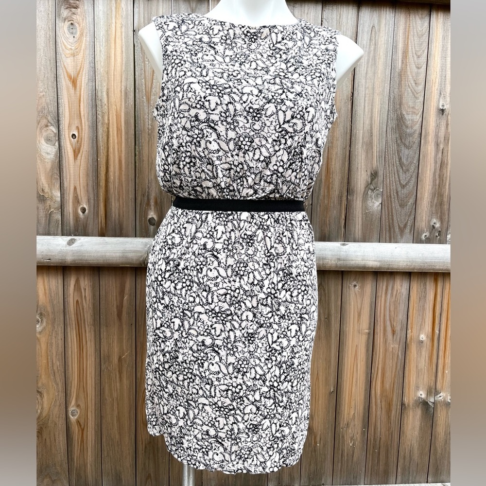 Loft Black and Off White Floral Patterned Dress